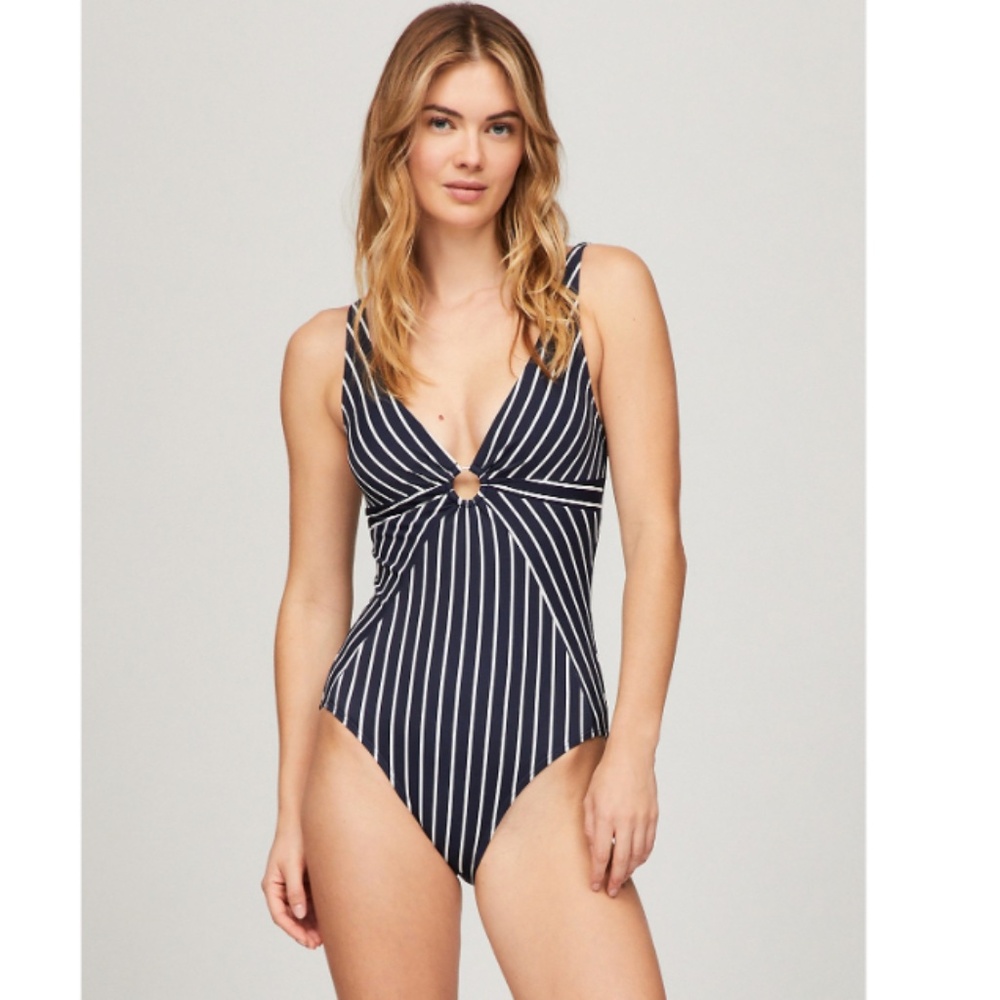NWT Tommy Hilfiger Women's Striped O-Ring One-Piece Swimsuit - Sky Captain